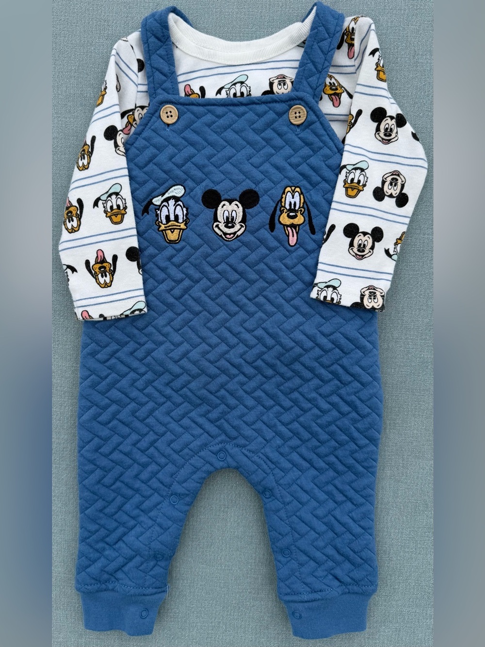Disney Blue Overalls and Long Sleeve Shirt with Mickey, Donald, Goofy Characters